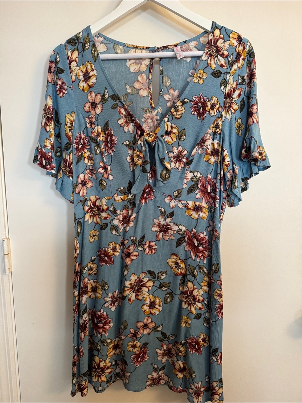 Xhilaration Dusty Blue Floral Tie-Front Midi Dress
